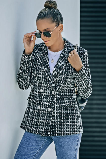 Black Lapel Collar Plaid Tweed Double Breasted Blazer LC852400-2