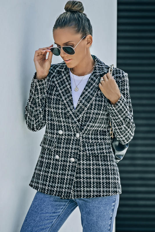 Black Lapel Collar Plaid Tweed Double Breasted Blazer LC852400-2