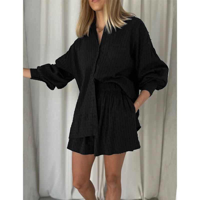 Black Hollow-out Jacquard Long Sleeve Shirt with Shorts Set TQF711040-2