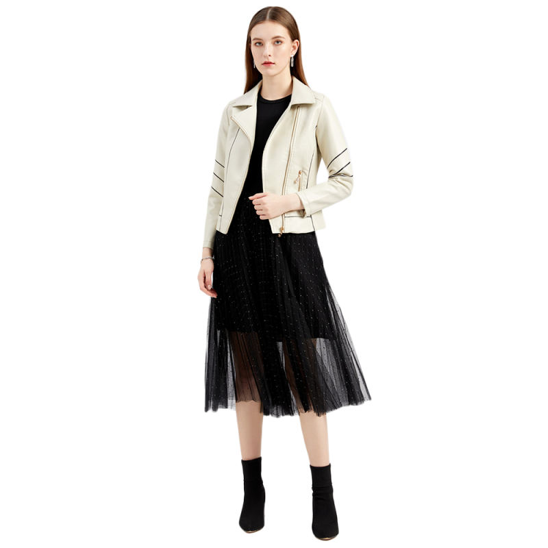 Beige Turn Down Slim Fit PU Leather Jacket TQK280095-46