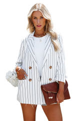 White Double Breasted Pocketed Striped Blazer LC852386-1