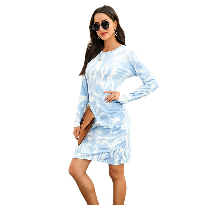 Light Blue Tie Dye Print Long Sleeve Dress TQK310360-30