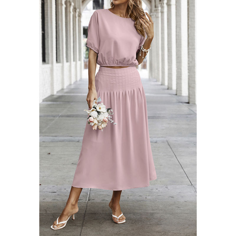 Pink Pleated Crop Top with Skirt Set TQX711094-10