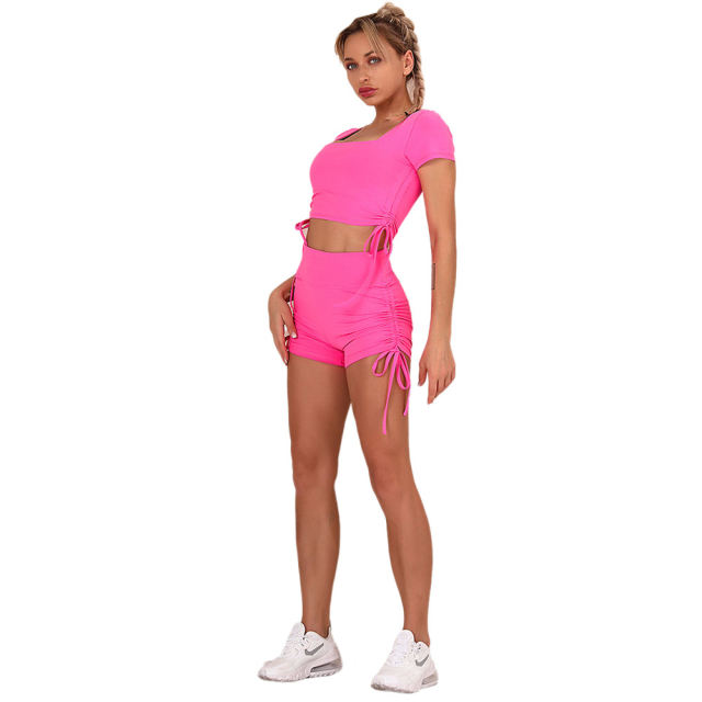 Rosy Sides Drawstring Short Sleeve Yoga Short Set TQK710241-6