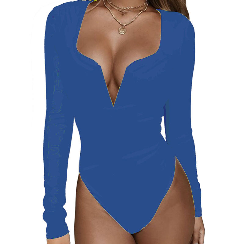 Blue Deep V Long Sleeve Bodysuit TQK550156-5