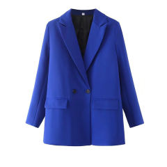 Blue Lapel Collar Button Solid Color Blazer TQK260054-5