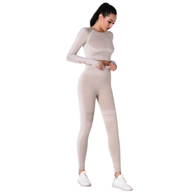 Khaki Seamless Knit Long Sleeve Pant Yoga Set TQE91372-21