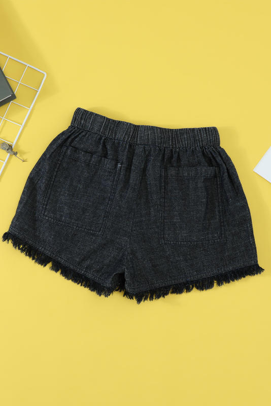 Black Casual Pocketed Frayed Denim Shorts LC77959-2