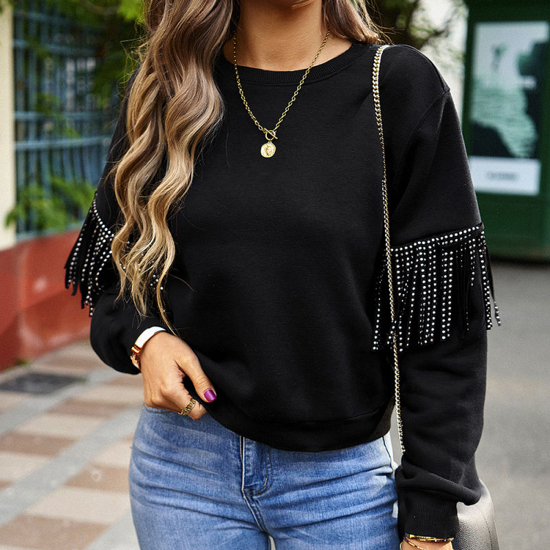 Black Tassel Detail Long Sleeve Sweatshirt