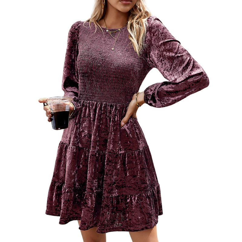 Dark Purple Velvet Pleated Long Sleeve Dress