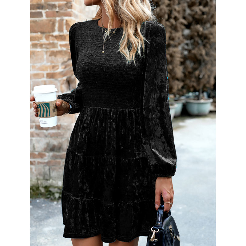 Black Velvet Pleated Long Sleeve Dress