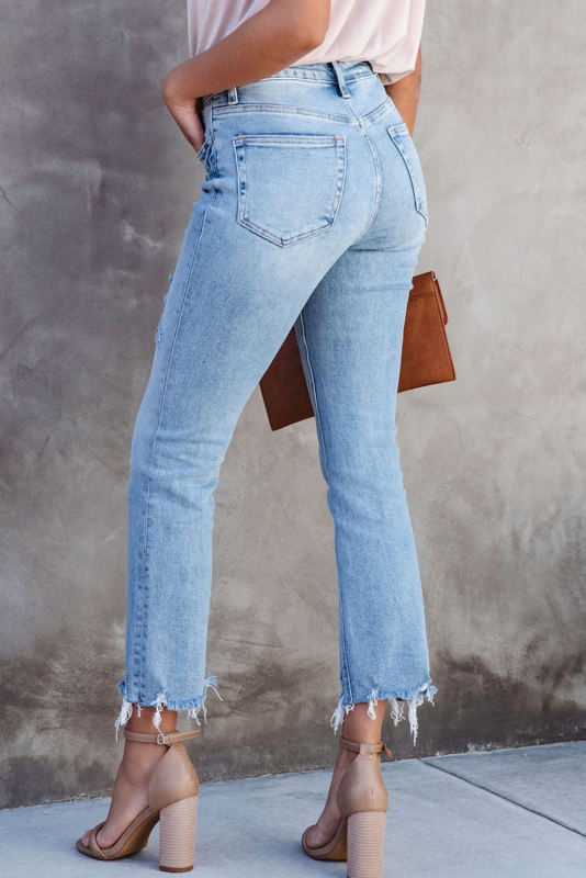 Sky Blue Cross Over Waist Raw Edge Cropped Jeans