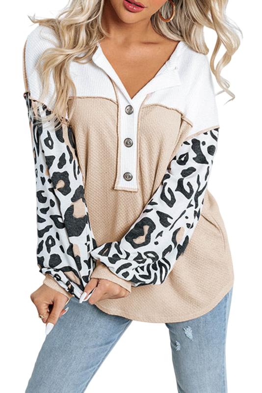 Parchment Leopard Sleeve Patchwork Waffle Knit Top