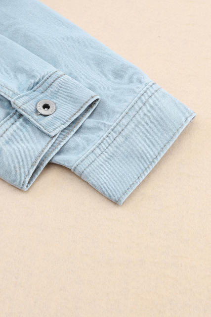 Sky Blue Flap Pocket Buttoned Raw Hem Denim Jacket