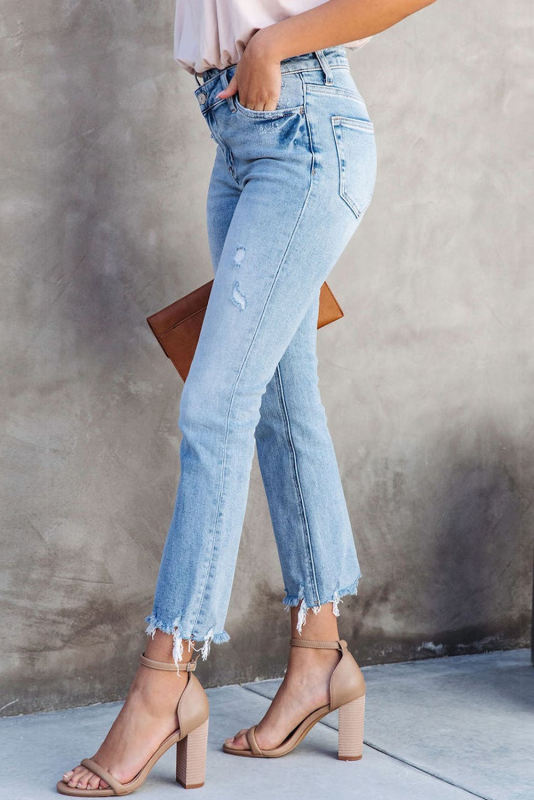 Sky Blue Cross Over Waist Raw Edge Cropped Jeans