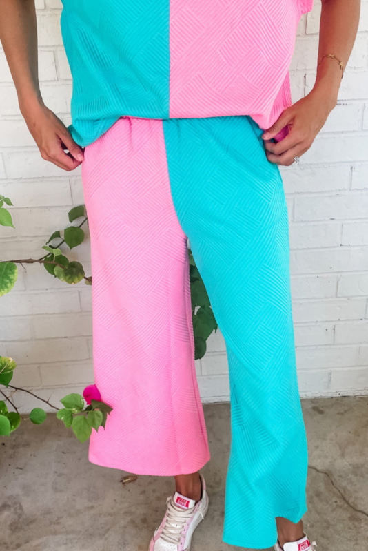 Multicolour Contrast Color Block Textured Loose Pant Set
