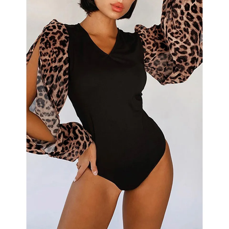 Black Splicing Leopard Long Sleeve Retro Bodysuit TQX551117-2