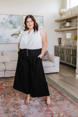 Black Buttoned Lace-up Waist Wide Leg Plus Size Pants