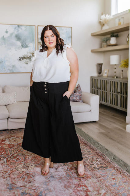 Black Buttoned Lace-up Waist Wide Leg Plus Size Pants