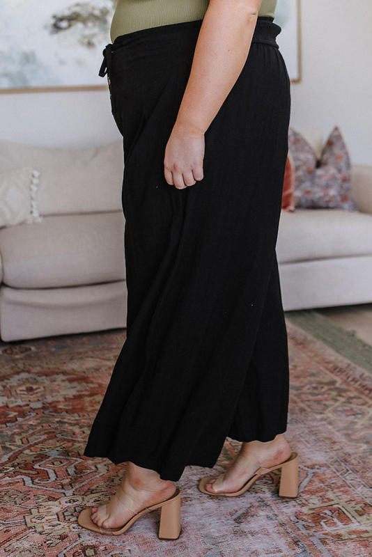 Black Buttoned Lace-up Waist Wide Leg Plus Size Pants