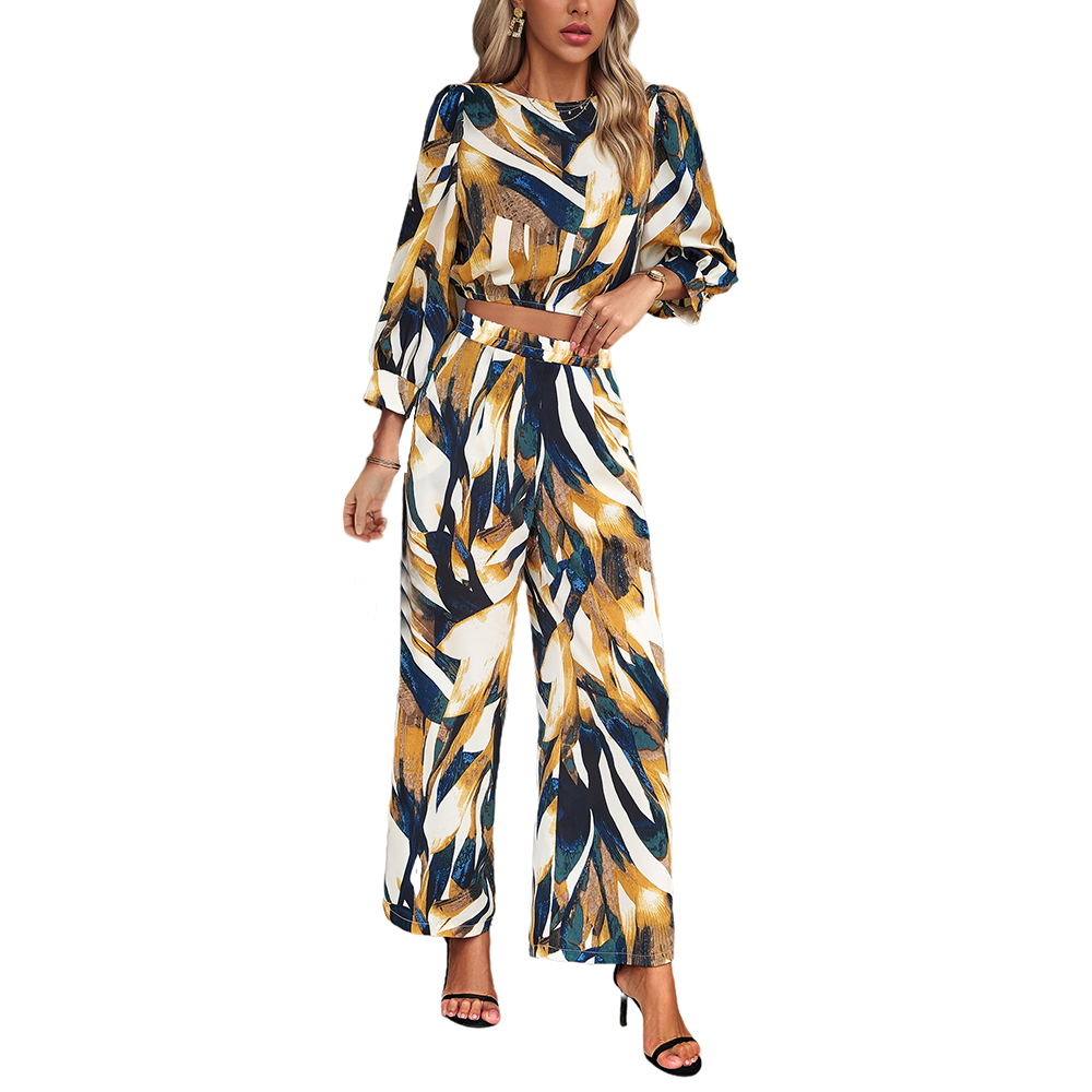 Yellow Printed Crop Shirt and Pants Set main image 1