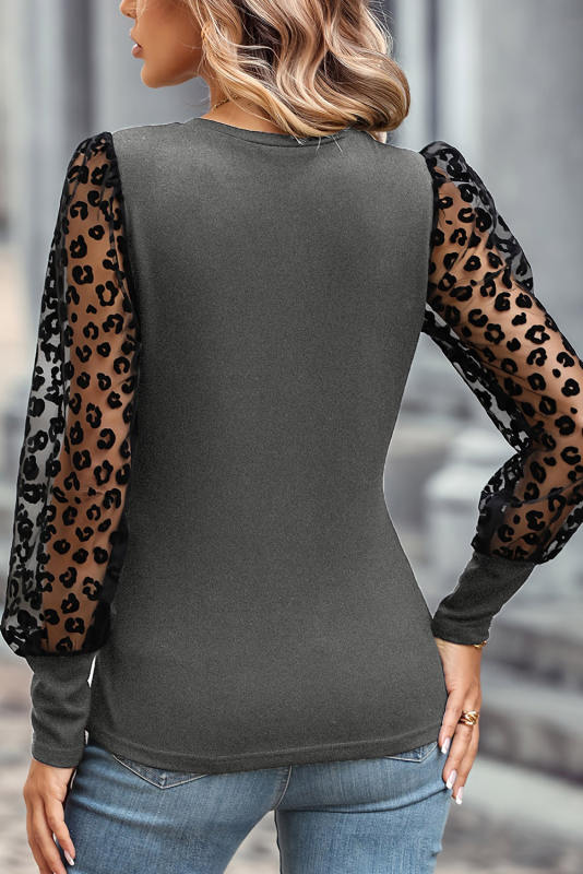 Medium Grey Leopard Mesh Puff Sleeve Patchwork Slim Fit Top