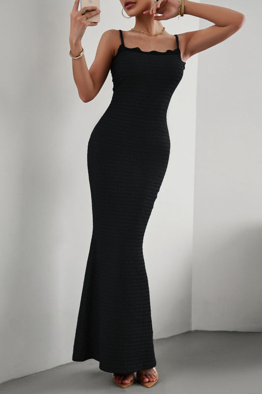 Black Spaghetti Straps Lace Trim Maxi Dress