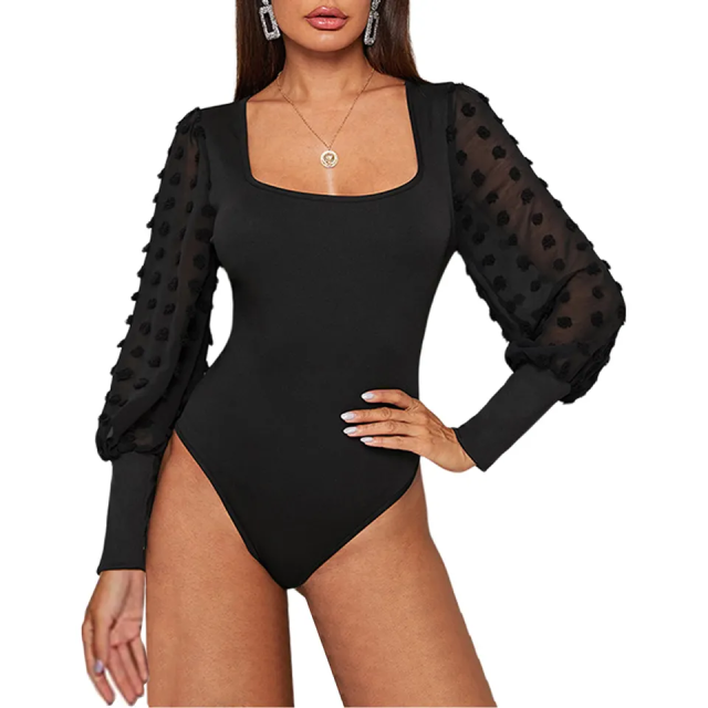 Black Square Neck Swiss Dot Long Sleeve Bodysuit TQL550096-2