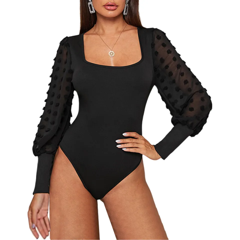 Black Square Neck Swiss Dot Long Sleeve Bodysuit TQL550096-2