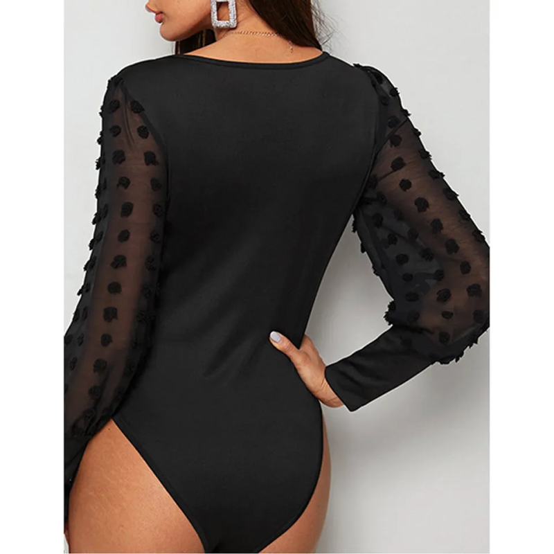 Black Square Neck Swiss Dot Long Sleeve Bodysuit TQL550096-2