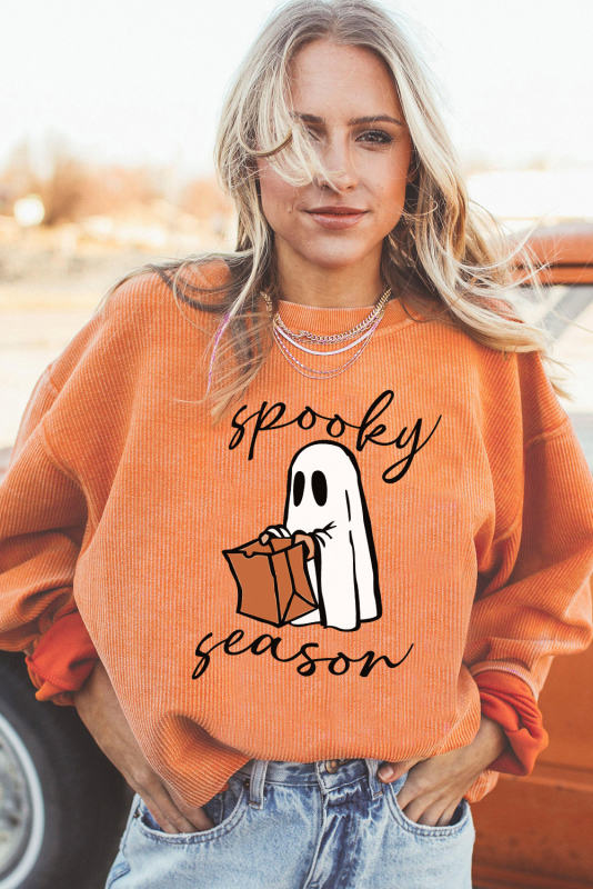 Orange Spooky Season Ghost Print Ribbed Pullover Sweatshirt
