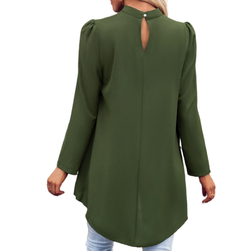 Army Green Back Keyhole High Low Long Sleeve Blouse