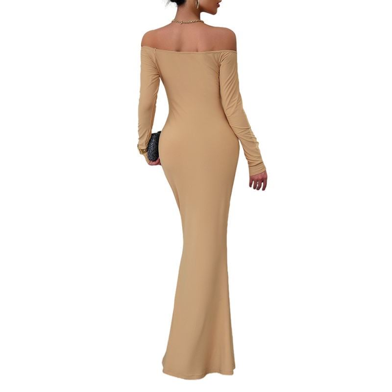 Khaki Off Shoulder Long Sleeve Maxi Dress