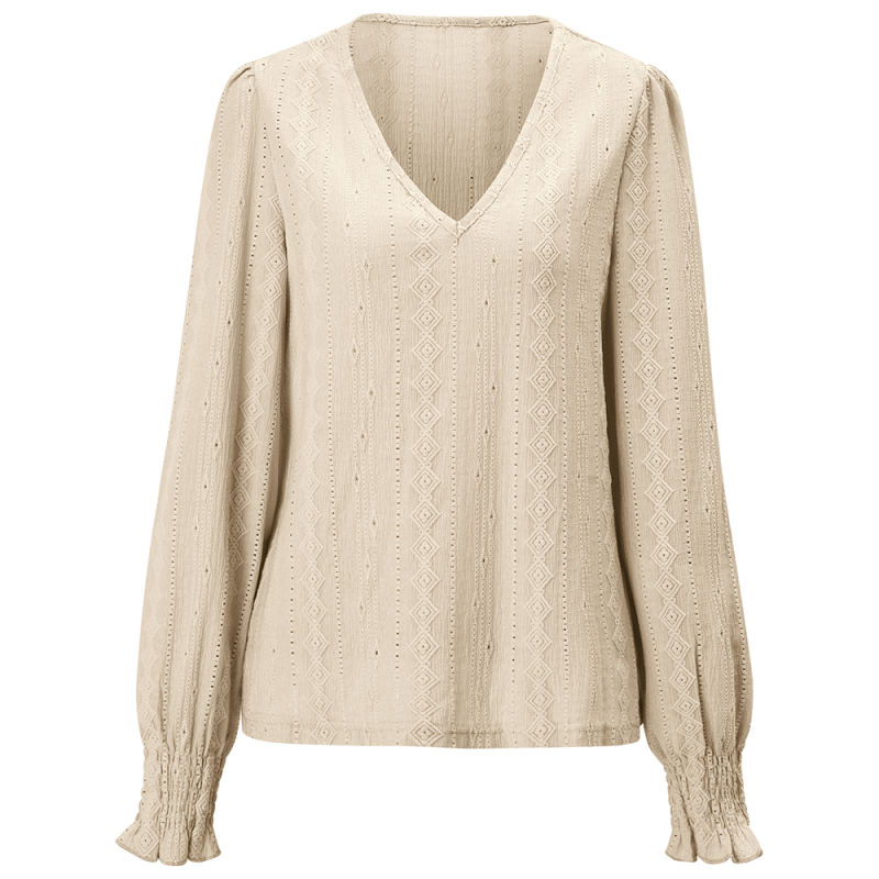 Apricot Embossed V Neck Pleated Cuffs Long Sleeve Top