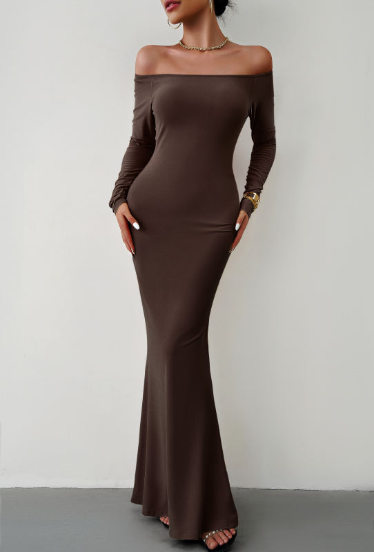 Coffee Off Shoulder Long Sleeve Maxi Dress