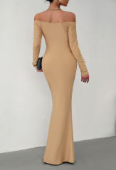 Khaki Off Shoulder Long Sleeve Maxi Dress