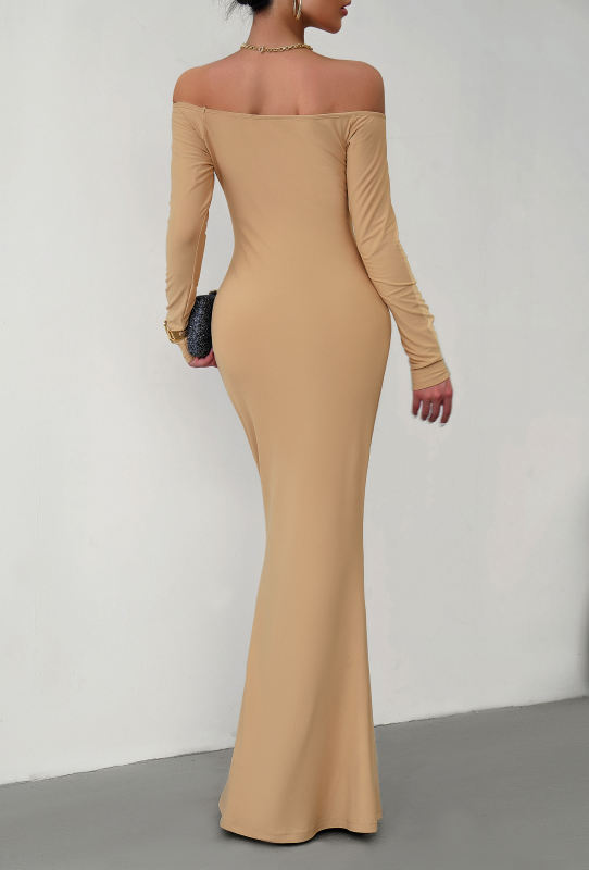 Khaki Off Shoulder Long Sleeve Maxi Dress