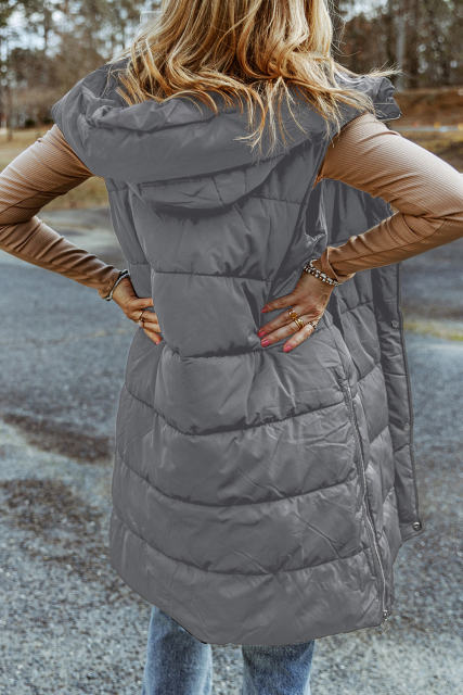 Dark Grey Hooded Long Quilted Vest Coat