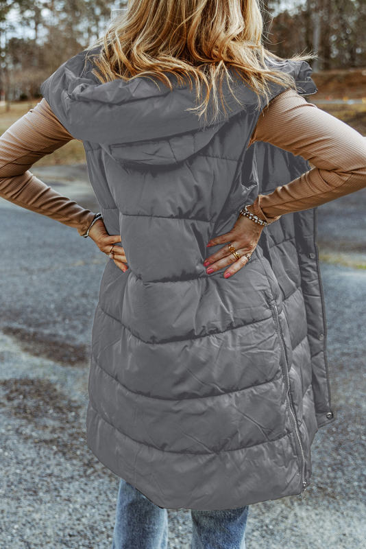 Dark Grey Hooded Long Quilted Vest Coat