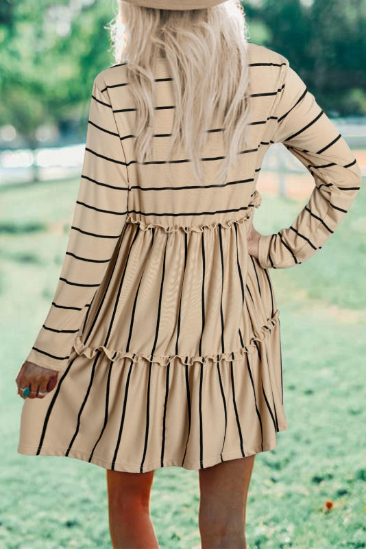 Khaki Striped Print Empire Waist Long Sleeve Dress