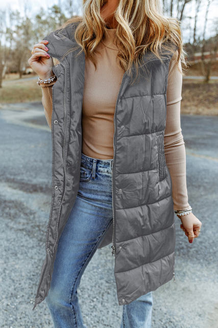 Dark Grey Hooded Long Quilted Vest Coat