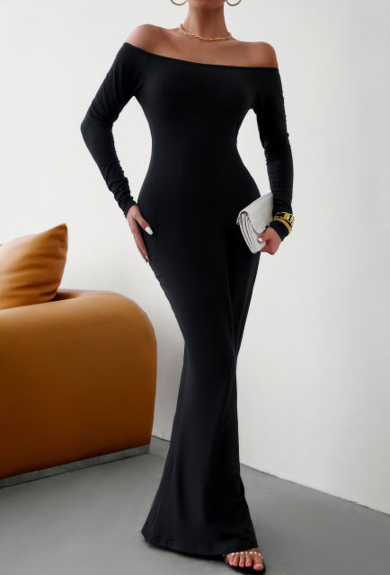 Black Off Shoulder Long Sleeve Maxi Dress
