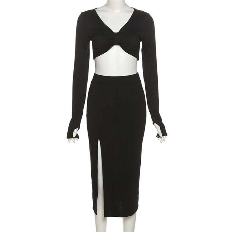 Black V Neck Long Sleeve Crop and Split Skirt Set