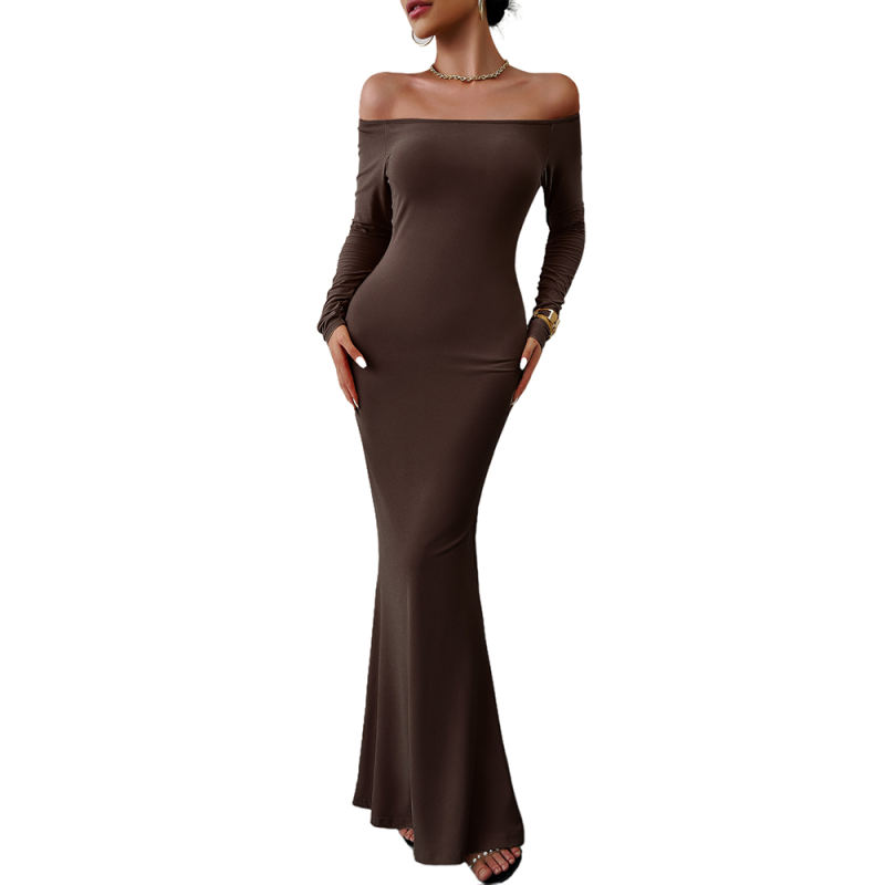 Coffee Off Shoulder Long Sleeve Maxi Dress