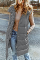 Dark Grey Hooded Long Quilted Vest Coat