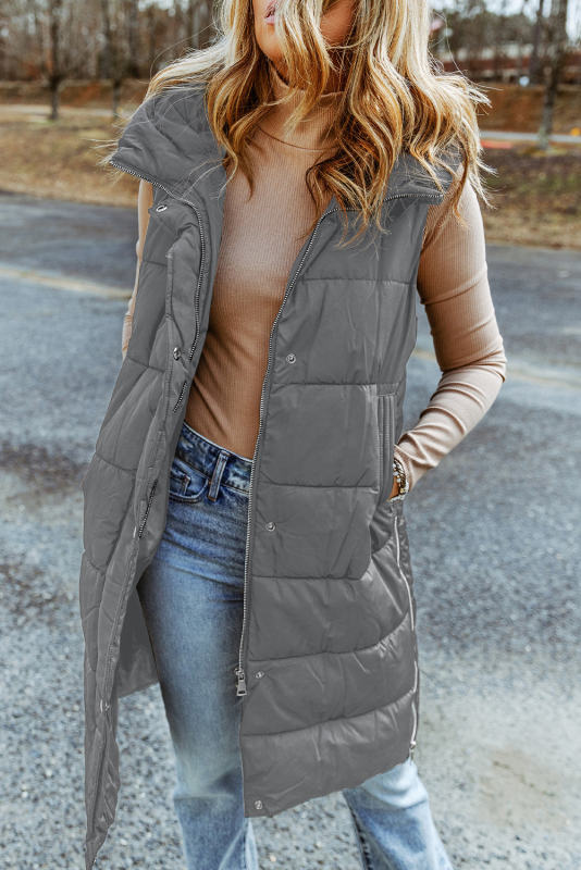 Dark Grey Hooded Long Quilted Vest Coat