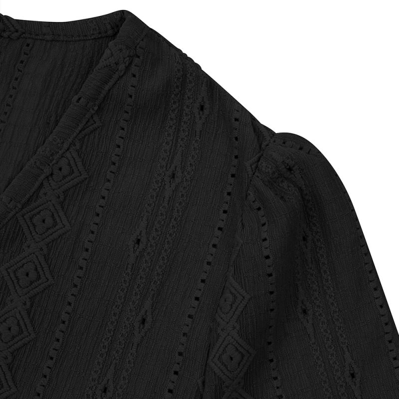 Black Embossed V Neck Pleated Cuffs Long Sleeve Top