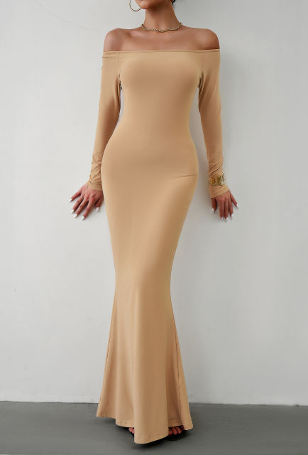Khaki Off Shoulder Long Sleeve Maxi Dress