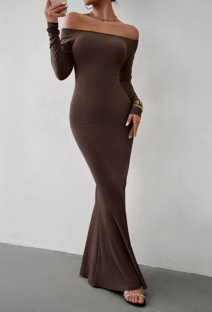 Coffee Off Shoulder Long Sleeve Maxi Dress