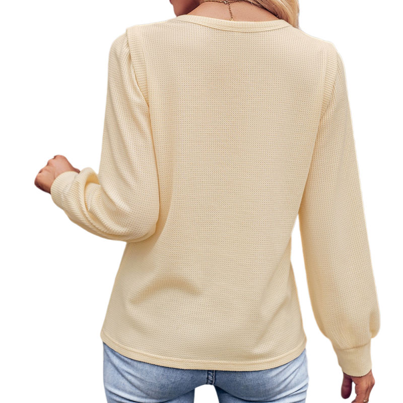 Apricot Round Neck Waffle Long Sleeve Tops